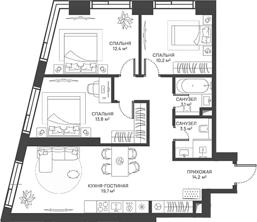 Планировка — СВЕТ, 4-комн., 77 м²