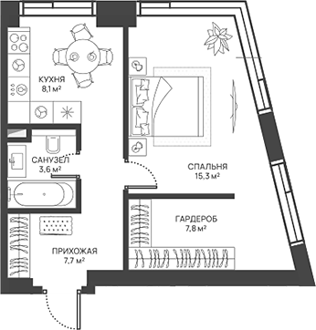 Планировка — СВЕТ, 1-комн., 43 м²