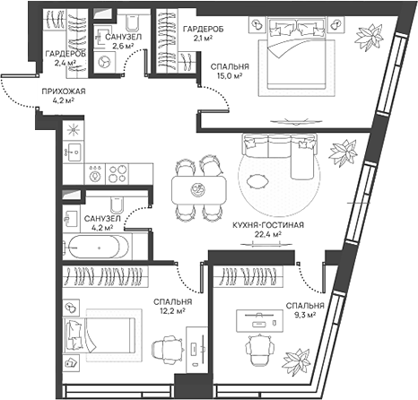 Планировка — СВЕТ, 4-комн., 74 м²