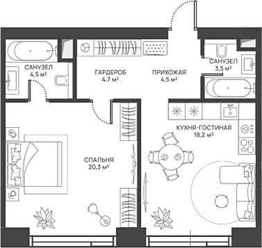 Планировка — СВЕТ, 2-комн., 56 м²