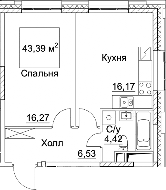 Планировка — СЕЗАР СИТИ, 2-комн., 43 м²