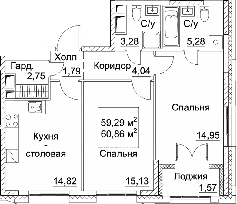 Планировка — СЕЗАР СИТИ, 3-комн., 62 м²