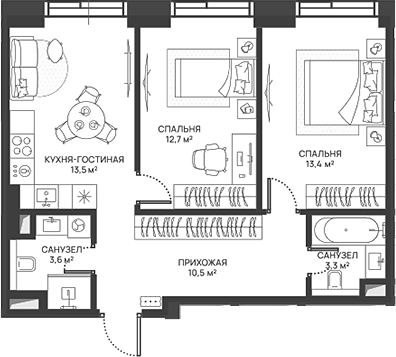 Планировка — СВЕТ, 3-комн., 57 м²