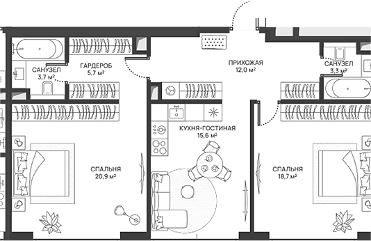 Планировка — СВЕТ, 3-комн., 80 м²