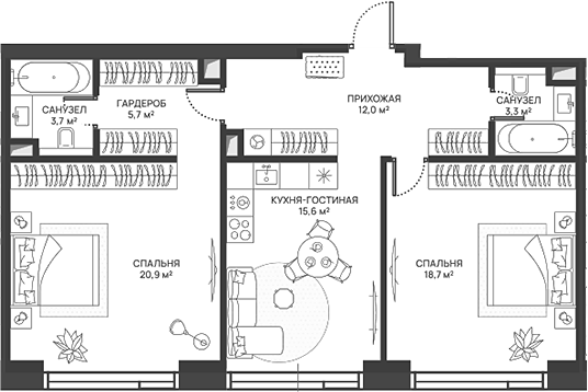 Планировка — СВЕТ, 3-комн., 80 м²