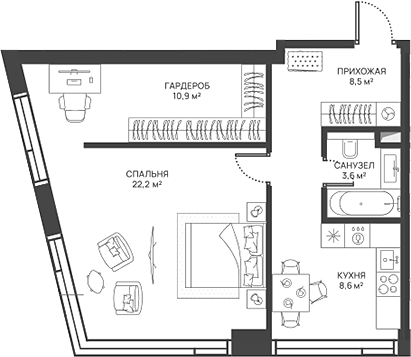 Планировка — СВЕТ, 1-комн., 54 м²