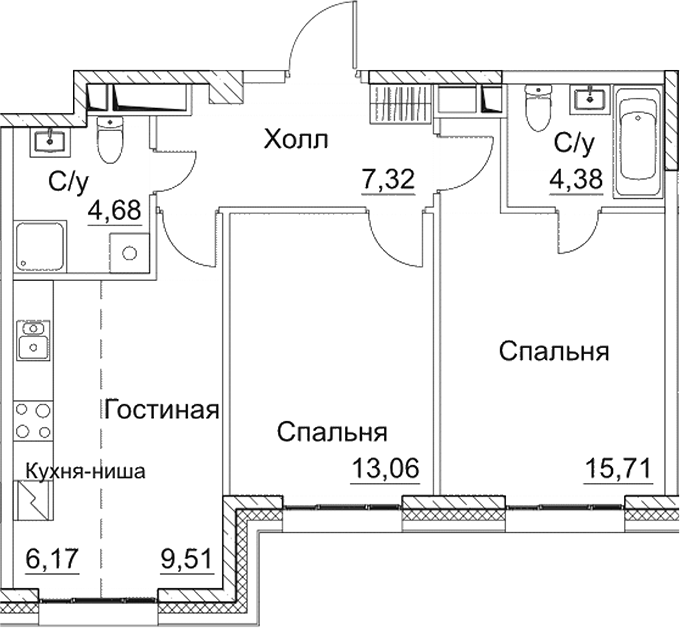 Планировка — СЕЗАР СИТИ, 3-комн., 61 м²