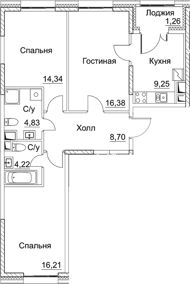 Планировка — СЕЗАР СИТИ, 3-комн., 74 м²
