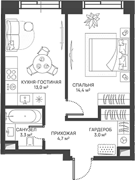 Планировка — СВЕТ, 2-комн., 38 м²