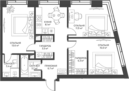 Планировка — СВЕТ, 3-комн., 67 м²