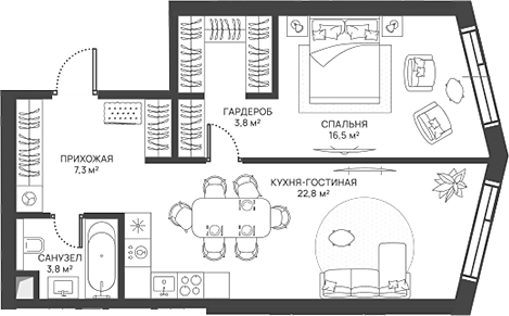 Планировка — СВЕТ, 2-комн., 54 м²