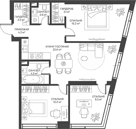 Планировка — СВЕТ, 4-комн., 75 м²