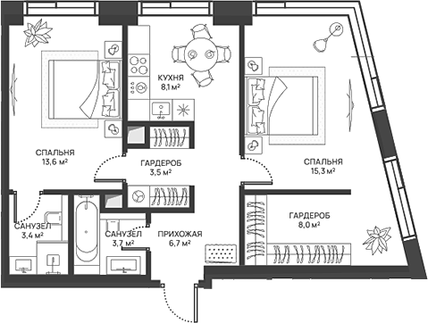 Планировка — СВЕТ, 2-комн., 62 м²