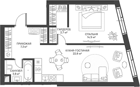 Планировка — СВЕТ, 2-комн., 52 м²