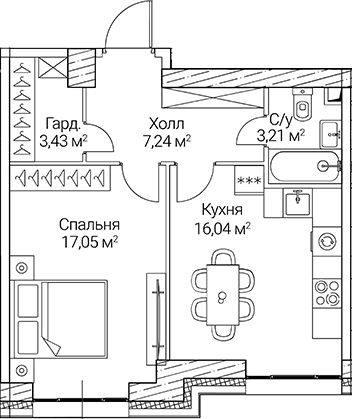 Планировка — СЕЗАР СИТИ, 1-комн., 47 м²