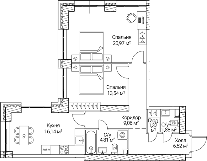 Планировка — СЕЗАР СИТИ, 3-комн., 74 м²