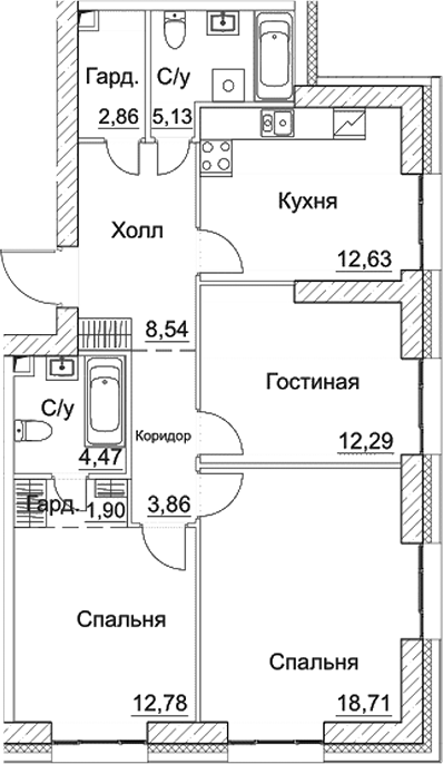 Планировка — СЕЗАР СИТИ, 3-комн., 83 м²