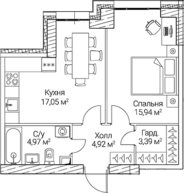 Планировка — СЕЗАР СИТИ, 2-комн., 46 м²