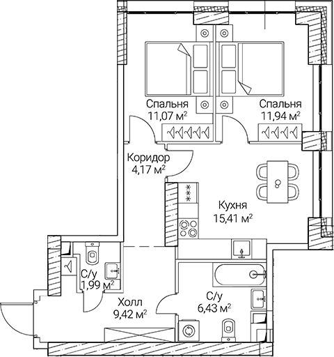 Планировка — СЕЗАР СИТИ, 2-комн., 60 м²
