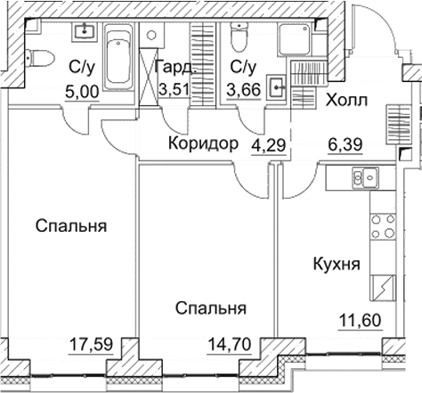 Планировка — СЕЗАР СИТИ, 2-комн., 67 м²