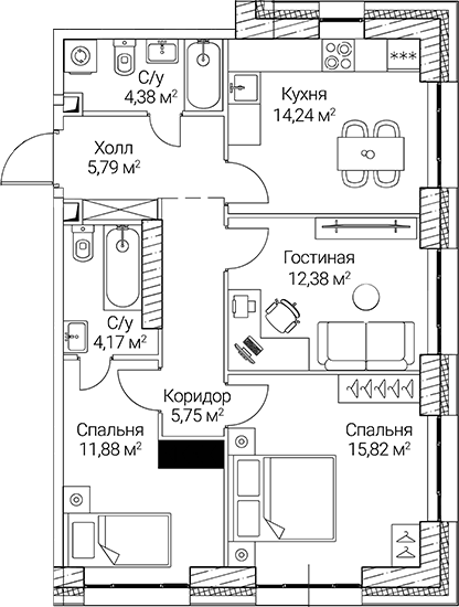 Планировка — СЕЗАР СИТИ, 3-комн., 74 м²