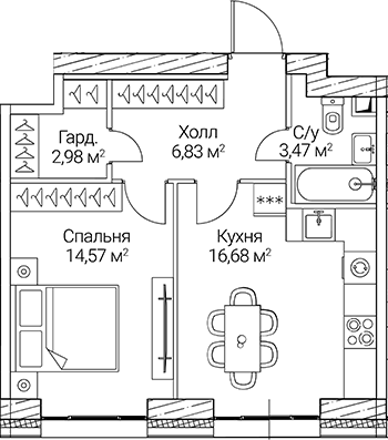 Планировка — СЕЗАР СИТИ, 1-комн., 45 м²