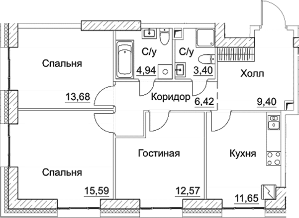Планировка — СЕЗАР СИТИ, 3-комн., 78 м²