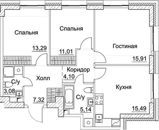 Планировка — СЕЗАР СИТИ, 3-комн., 75 м²