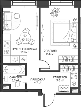 Планировка — СВЕТ, 2-комн., 39 м²