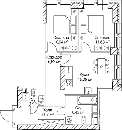 Планировка — СЕЗАР СИТИ, 2-комн., 60 м²