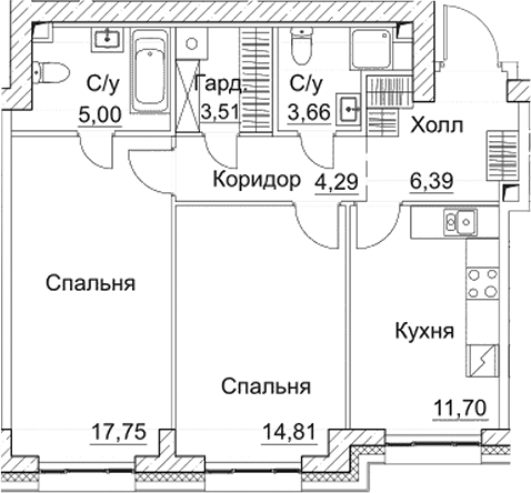 Планировка — СЕЗАР СИТИ, 2-комн., 67 м²