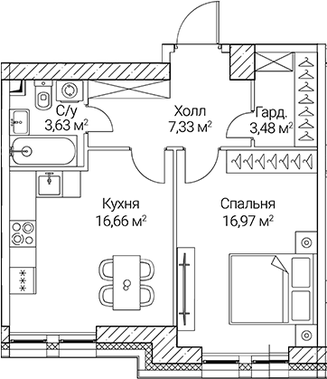Планировка — СЕЗАР СИТИ, 1-комн., 48 м²