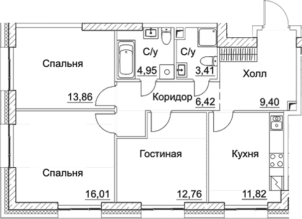 Планировка — СЕЗАР СИТИ, 3-комн., 79 м²