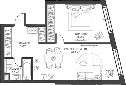 Планировка — СВЕТ, 2-комн., 47 м²