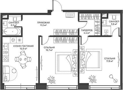 Планировка — СВЕТ, 3-комн., 73 м²