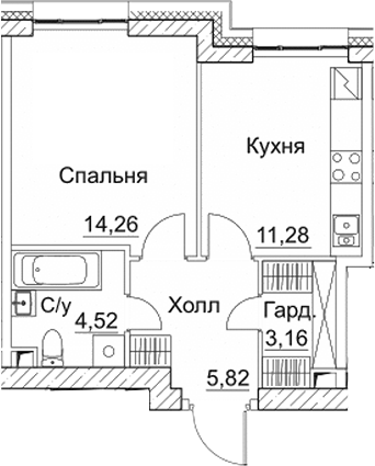 Планировка — СЕЗАР СИТИ, 1-комн., 39 м²