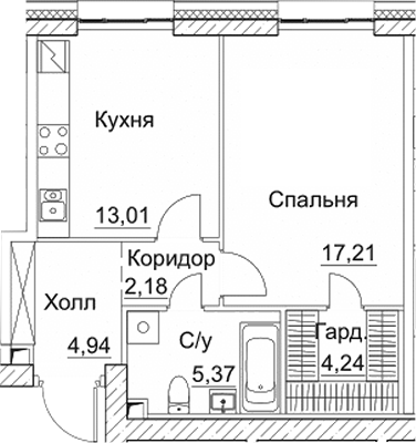 Планировка — СЕЗАР СИТИ, 1-комн., 47 м²