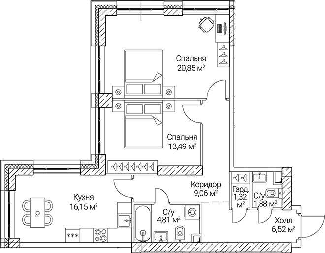 Планировка — СЕЗАР СИТИ, 3-комн., 74 м²