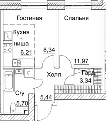 Планировка — СЕЗАР СИТИ, 1-комн., 41 м²