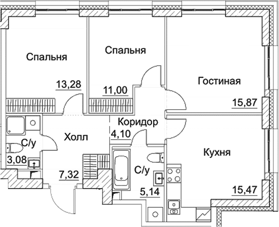 Планировка — СЕЗАР СИТИ, 3-комн., 75 м²