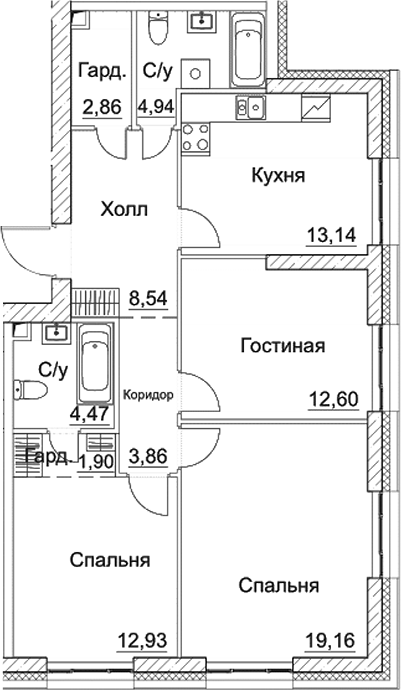 Планировка — СЕЗАР СИТИ, 3-комн., 84 м²