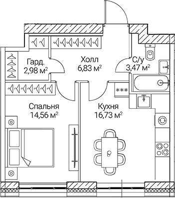 Планировка — СЕЗАР СИТИ, 1-комн., 45 м²