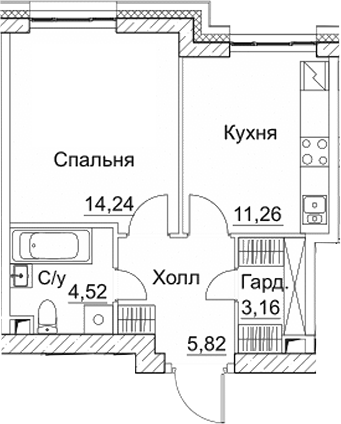 Планировка — СЕЗАР СИТИ, 1-комн., 39 м²