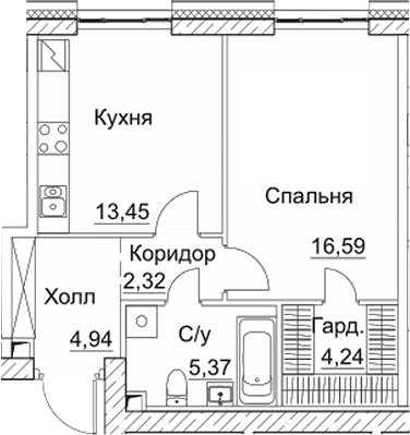 Планировка — СЕЗАР СИТИ, 1-комн., 47 м²