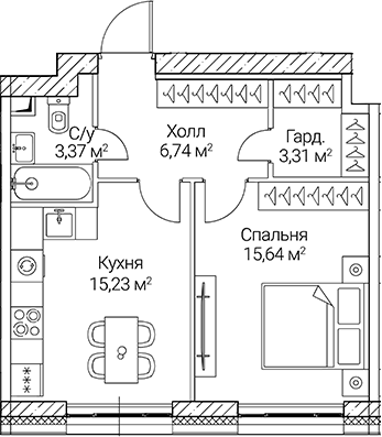 Планировка — СЕЗАР СИТИ, 1-комн., 44 м²
