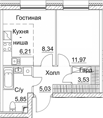 Планировка — СЕЗАР СИТИ, 1-комн., 41 м²