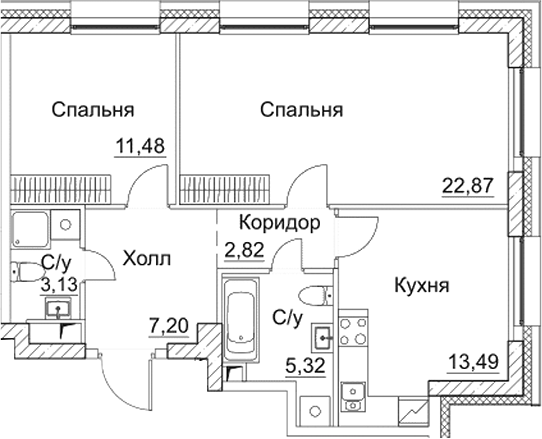 Планировка — СЕЗАР СИТИ, 2-комн., 66 м²