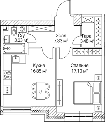 Планировка — СЕЗАР СИТИ, 1-комн., 48 м²