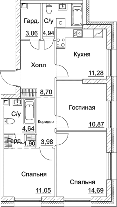 Планировка — СЕЗАР СИТИ, 3-комн., 75 м²