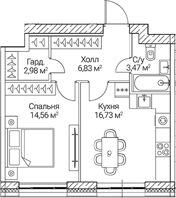 Планировка — СЕЗАР СИТИ, 1-комн., 45 м²